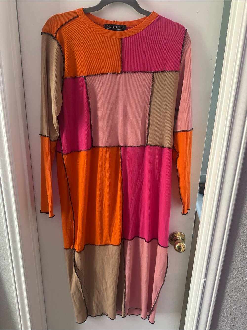 Eloquii Patchwork Long Sleeve Dress in Orange, Pink & Tan
